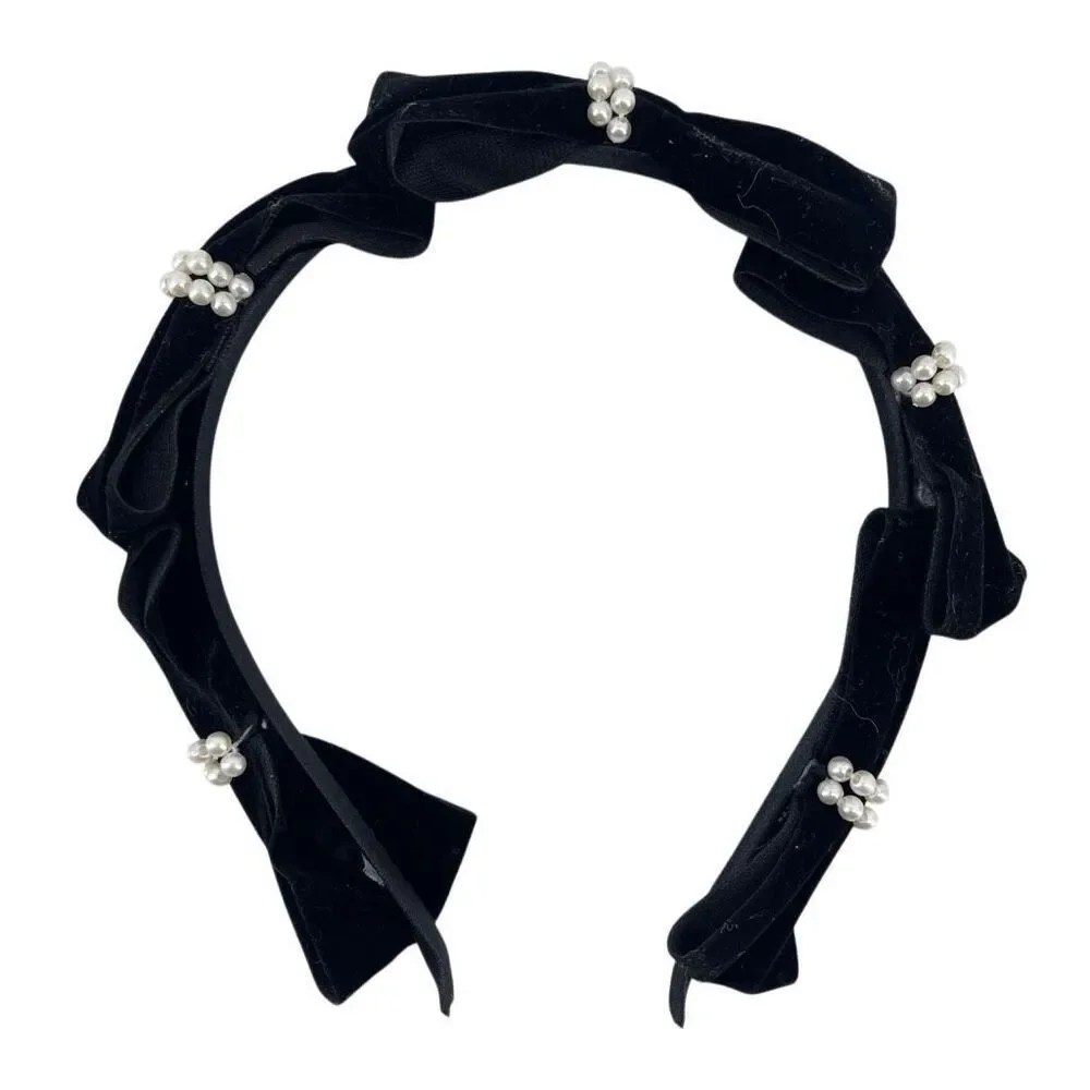 Black Velvet Bow Headband Pearl Embellished Feminine Coquette Hair Accessory